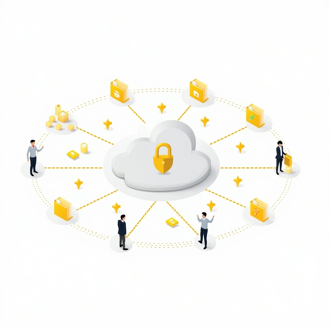 A secure, abstract cloud network with interconnected nodes representing data management and collaboration